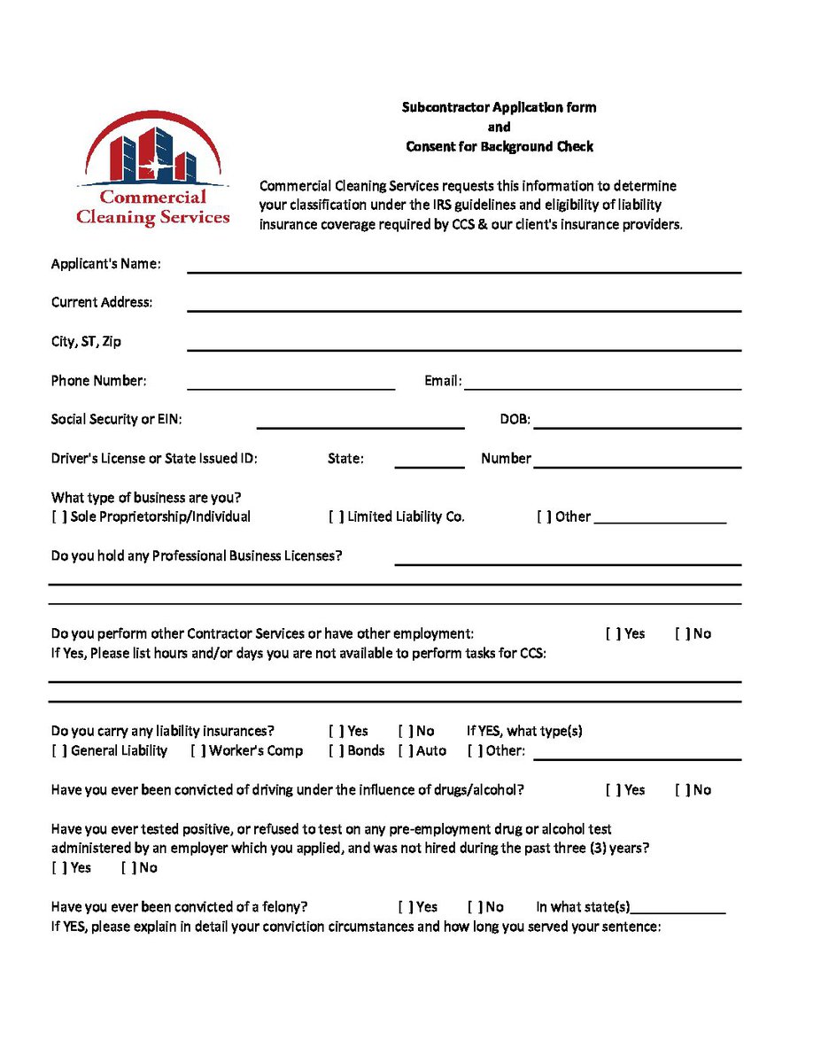 Commercial Cleaning Services Subcontractor Application Form